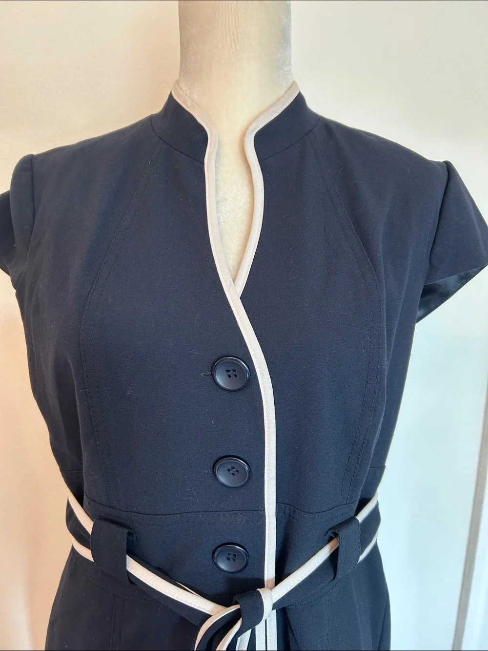 Sold Sandra Darren Black Midi Dress with White Trim and Belt